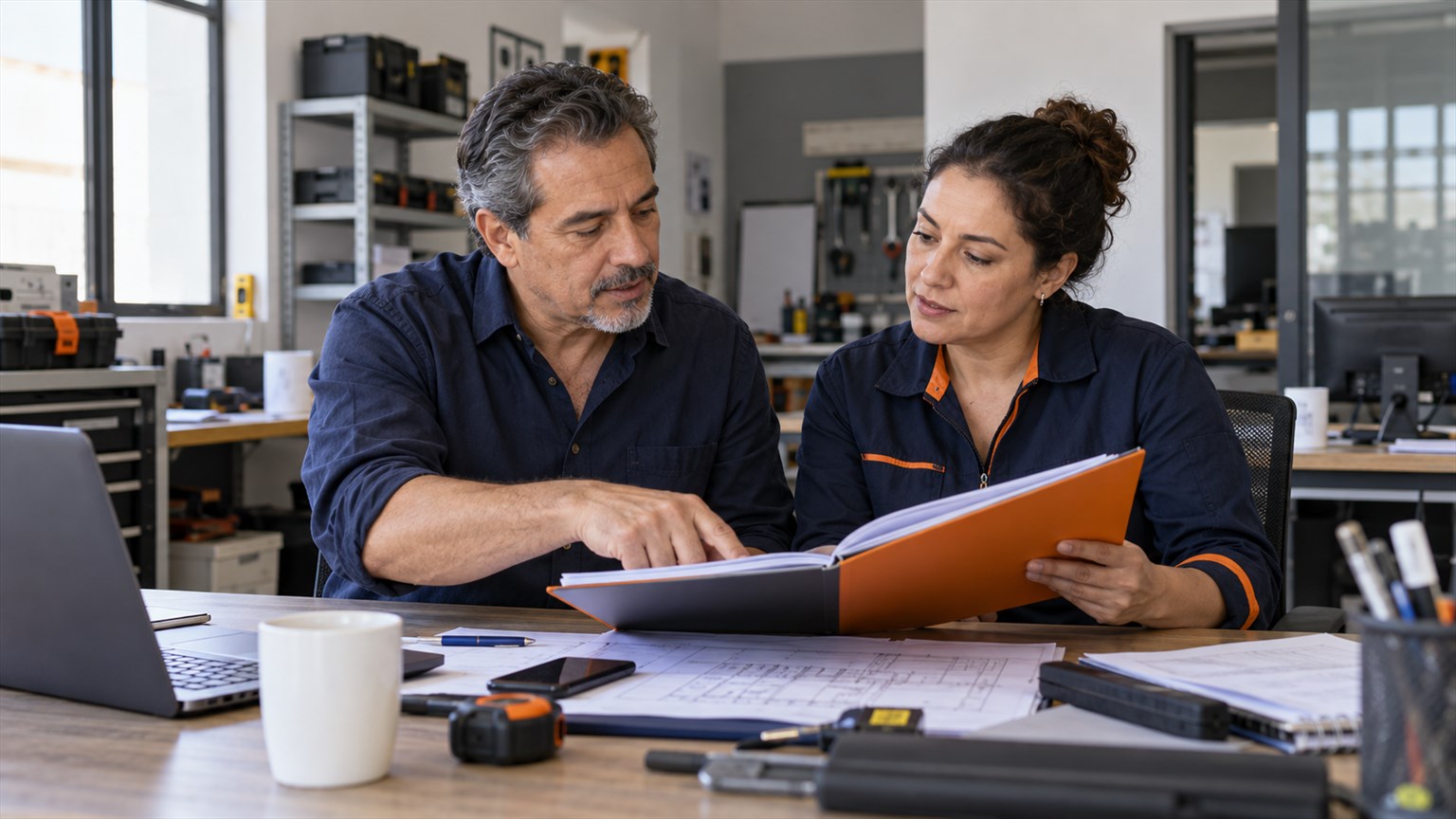 Un hombre y una mujer revisan una carpeta naranja y planos sobre una mesa de trabajo en un taller técnico.