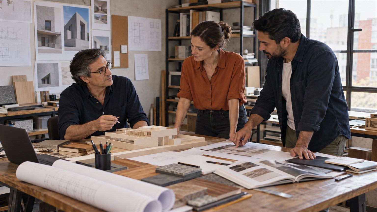 Tres personas revisan planos y una maqueta de edificio sobre una mesa de un estudio de arquitectura.