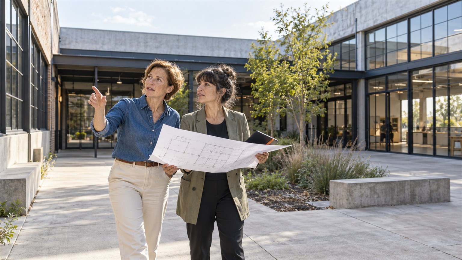 Dos mujeres revisan un plano y observan un edificio desde el patio exterior de un conjunto de locales.